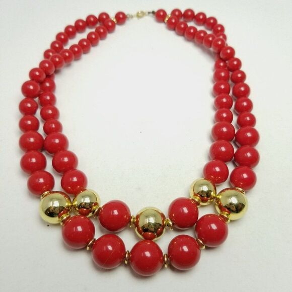 Vintage Red Beded Two Strand Necklace with Gold Tone Accents, Retro Statement - Picture 3 of 5